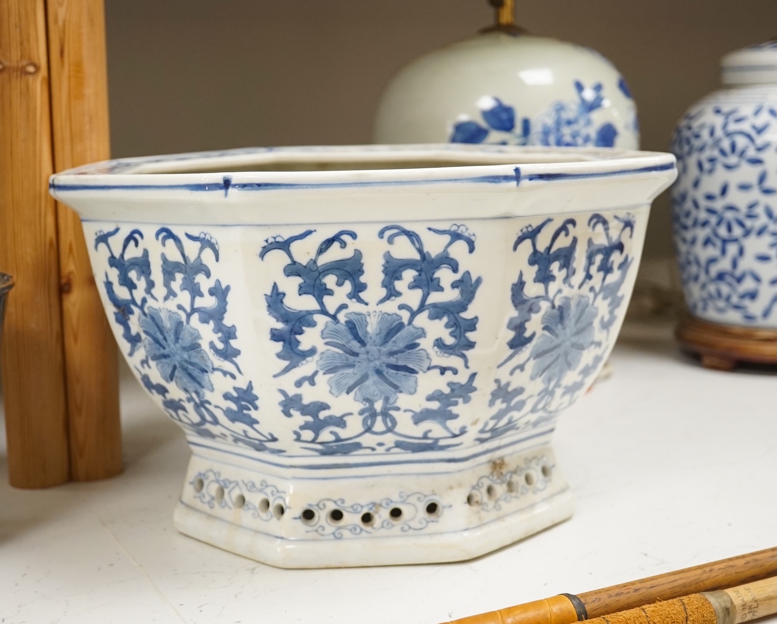 Two Chinese porcelain jars mounted as lamps and a similar blue and white octagonal jardiniere, largest 35cm wide. Condition - good (3)